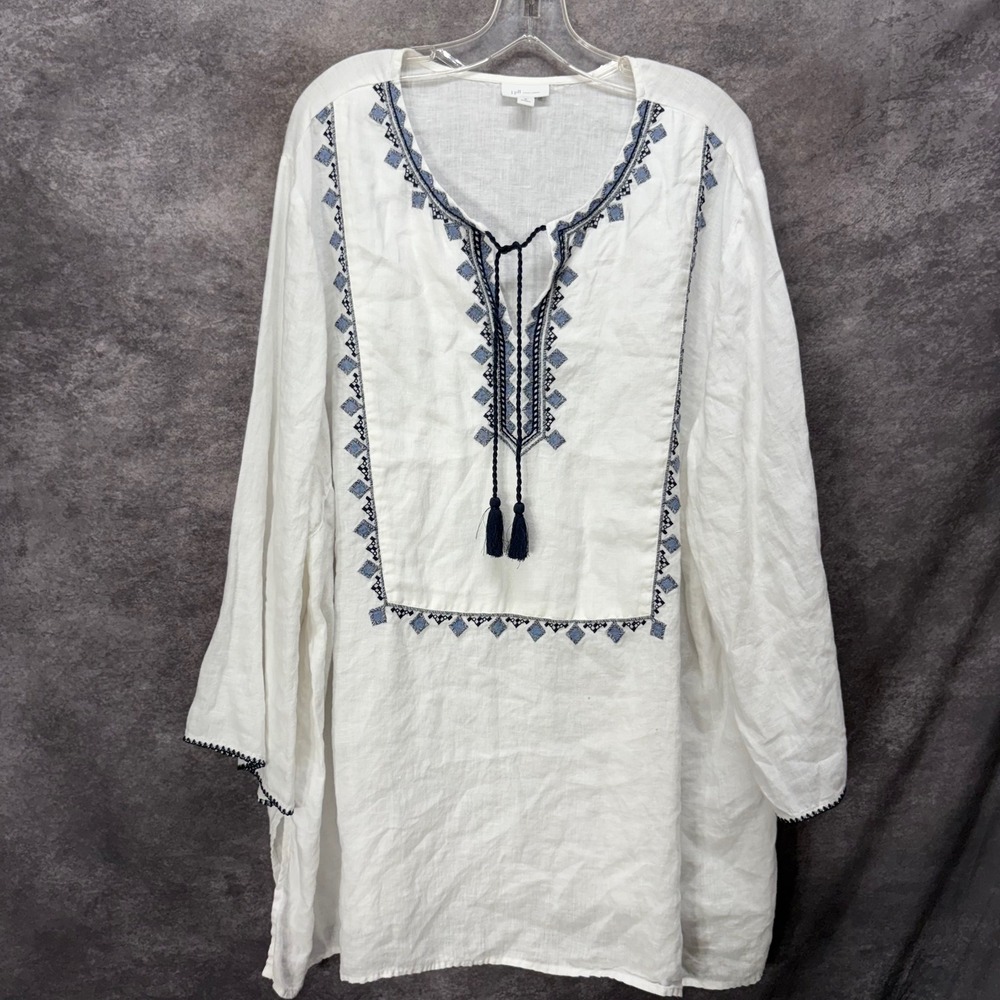 J. Jill Love Linen White Navy Embroidered Peasant Tunic Blouse Size 4X Coastal